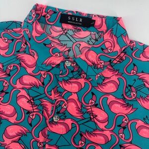 SSLR Flamingo Button Down Shirt Mens Large Teal Pink Short Sleeve Tropical Funky